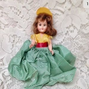 Vintage, Rare, 1950s 8in Plastic, Brunette Doll in Yellow and Green Dress